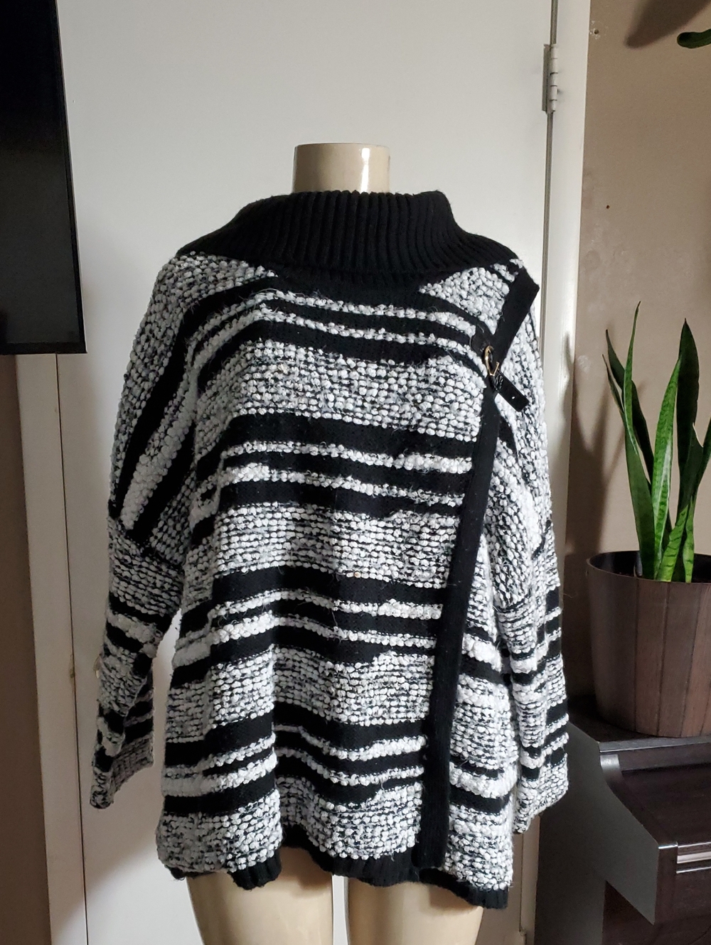 Calvin Klein Black & White Striped Asymmetric Funnel Neck Sweater